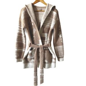 Barefoot Dreams Size Medium CozyChic Coatigan Southwestern Hooded Camel White